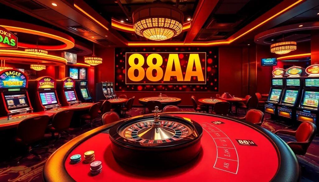 Engage in the excitement of 88AA poker tournament surrounded by vibrant casino atmosphere, featuring tables of chips and slot machines.