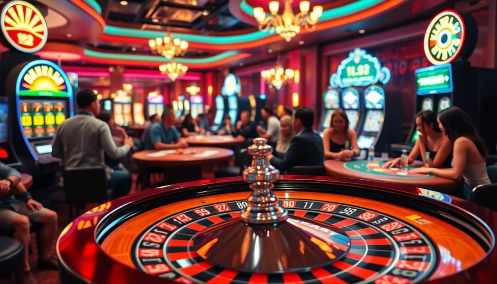 Exciting casino scene showcasing e28 roulette wheel and players celebrating wins.
