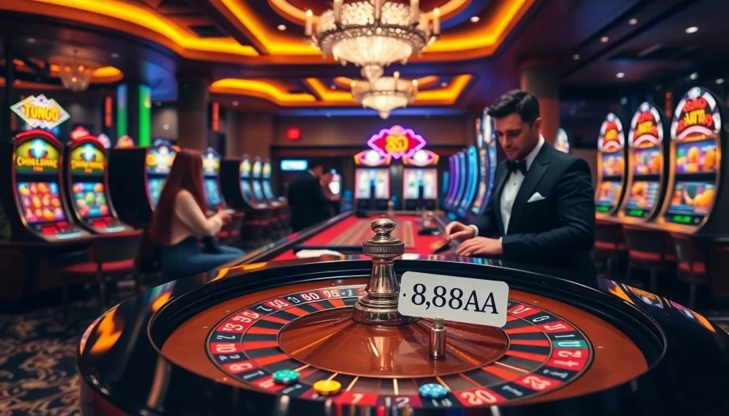 Experience the thrill of 88AA at a lively casino table packed with players and colorful gaming chips.