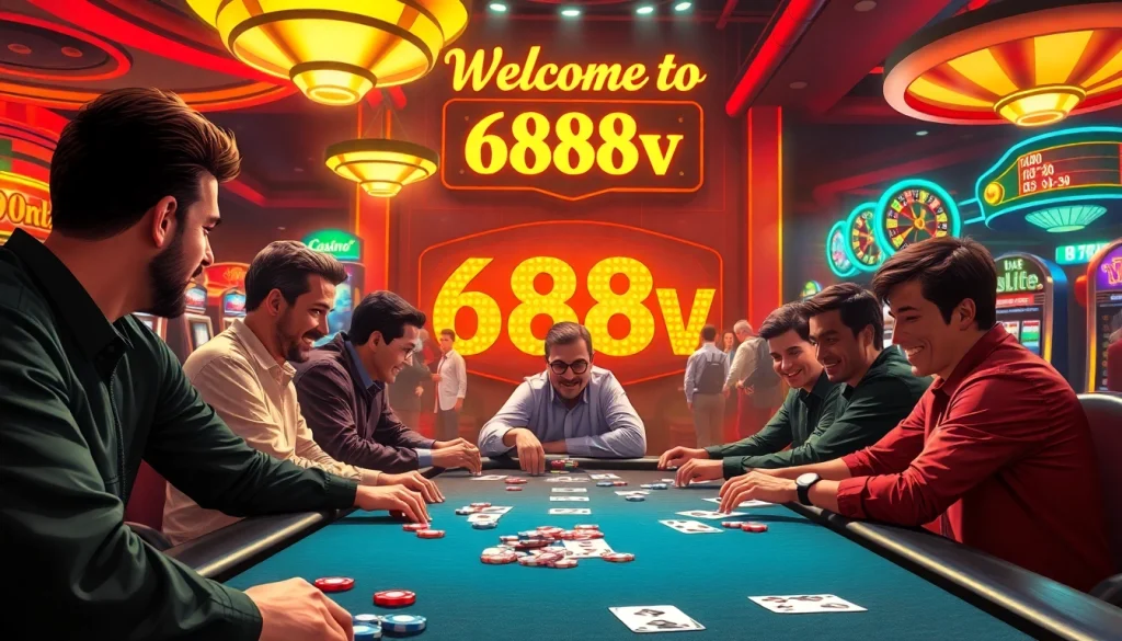 Players enjoying a thrilling poker game at 688v Casino, surrounded by vibrant chips and cards.