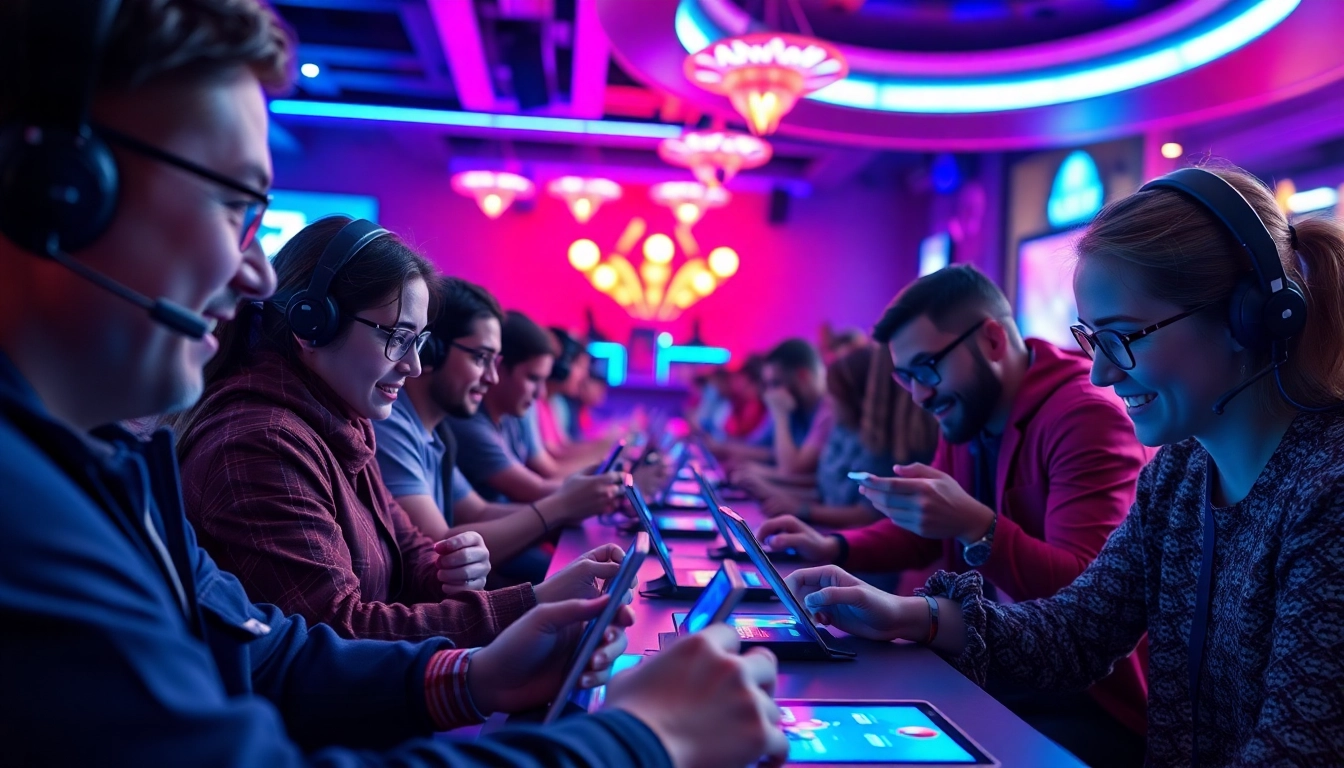 Players enjoying Awin68 Cloud gaming experience in a vibrant lounge setting, showcasing modern devices.