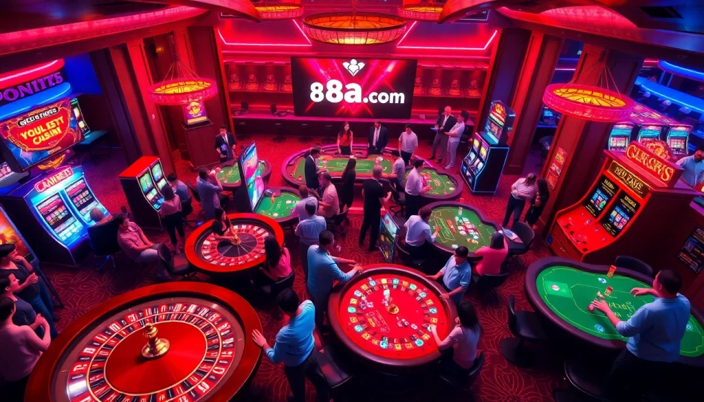 Players enjoying games at 88aa.com casino with vibrant roulette wheels and lively tables.