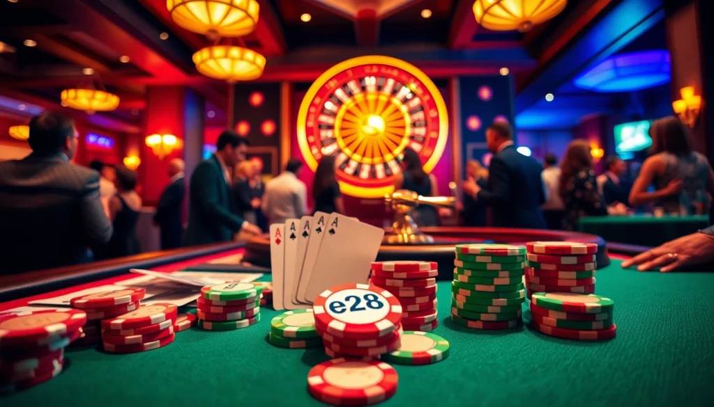 Experience the thrill of the casino with excitement at e28 poker tables featuring vibrant chips and cards.