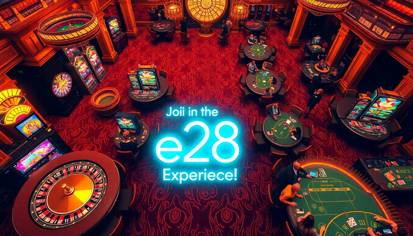 Engage in thrilling e28 casino gameplay featuring roulette and blackjack tables surrounded by excited players.