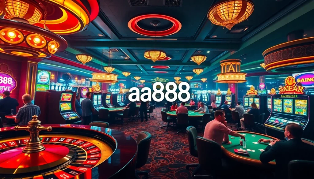 Experience the thrill of gambling at aa888 with lively casino tables, spinning roulette wheels, and engaged players.