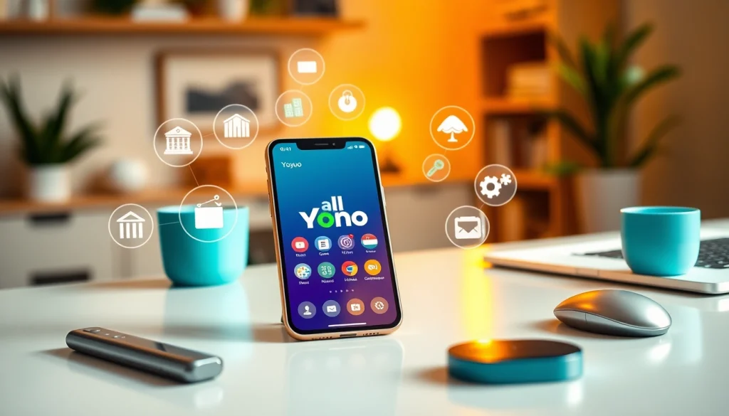 Engaging mobile interface of the All Yono App showing features like banking and shopping.