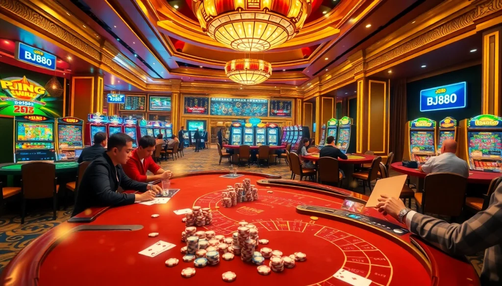 Win big at BJ88 with a lively casino setting featuring players at tables and flashing slot machines.