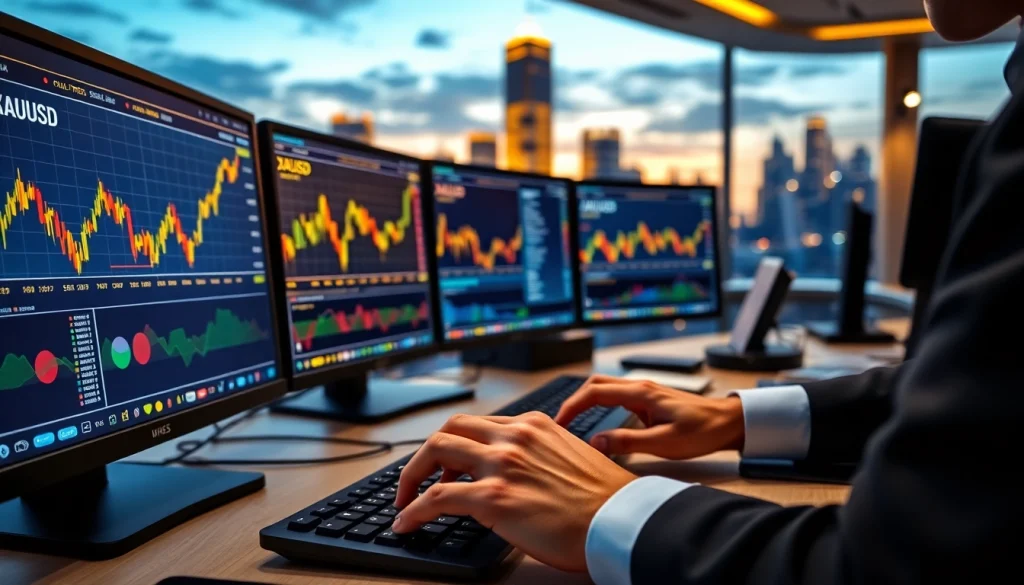Analyze XAUUSD signals with a professional trader in a high-tech trading environment.