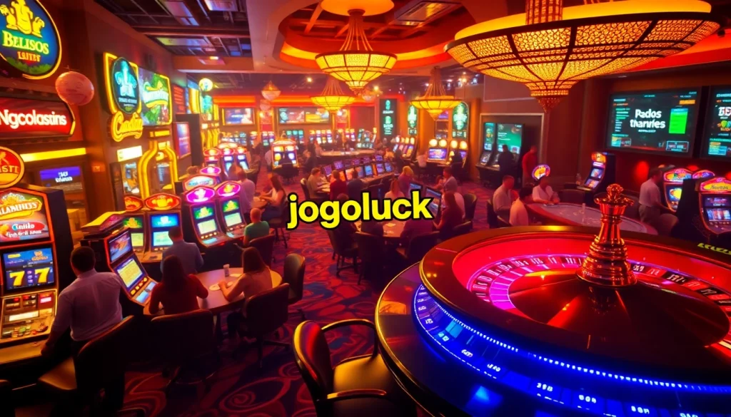Jogoluck casino scene showcasing lively players engaged in various gambling activities, including slot machines and poker tables.
