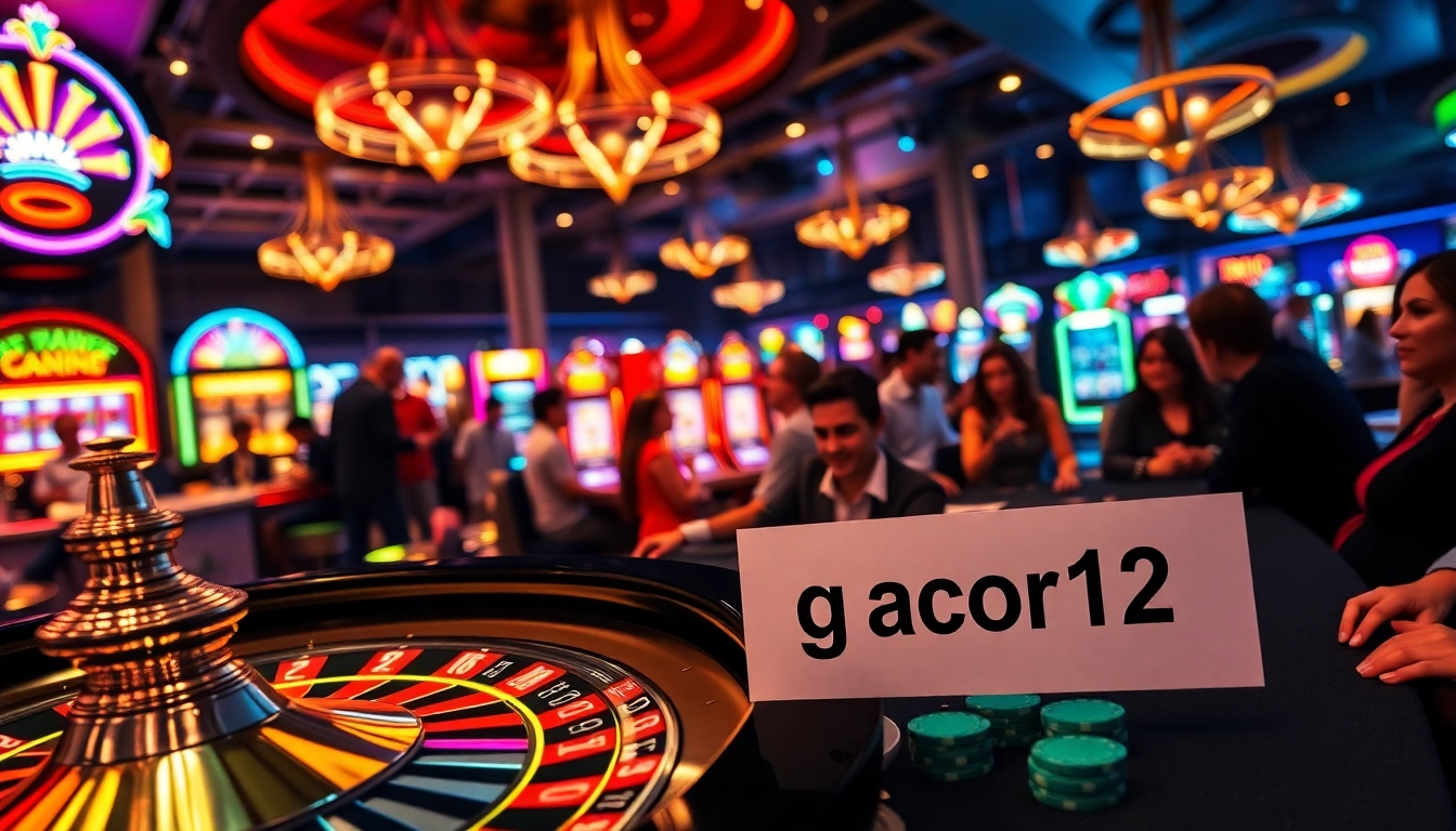 Experience the thrill of gacor123 as players engage eagerly at a vibrant casino gaming floor filled with roulette wheels and poker tables.